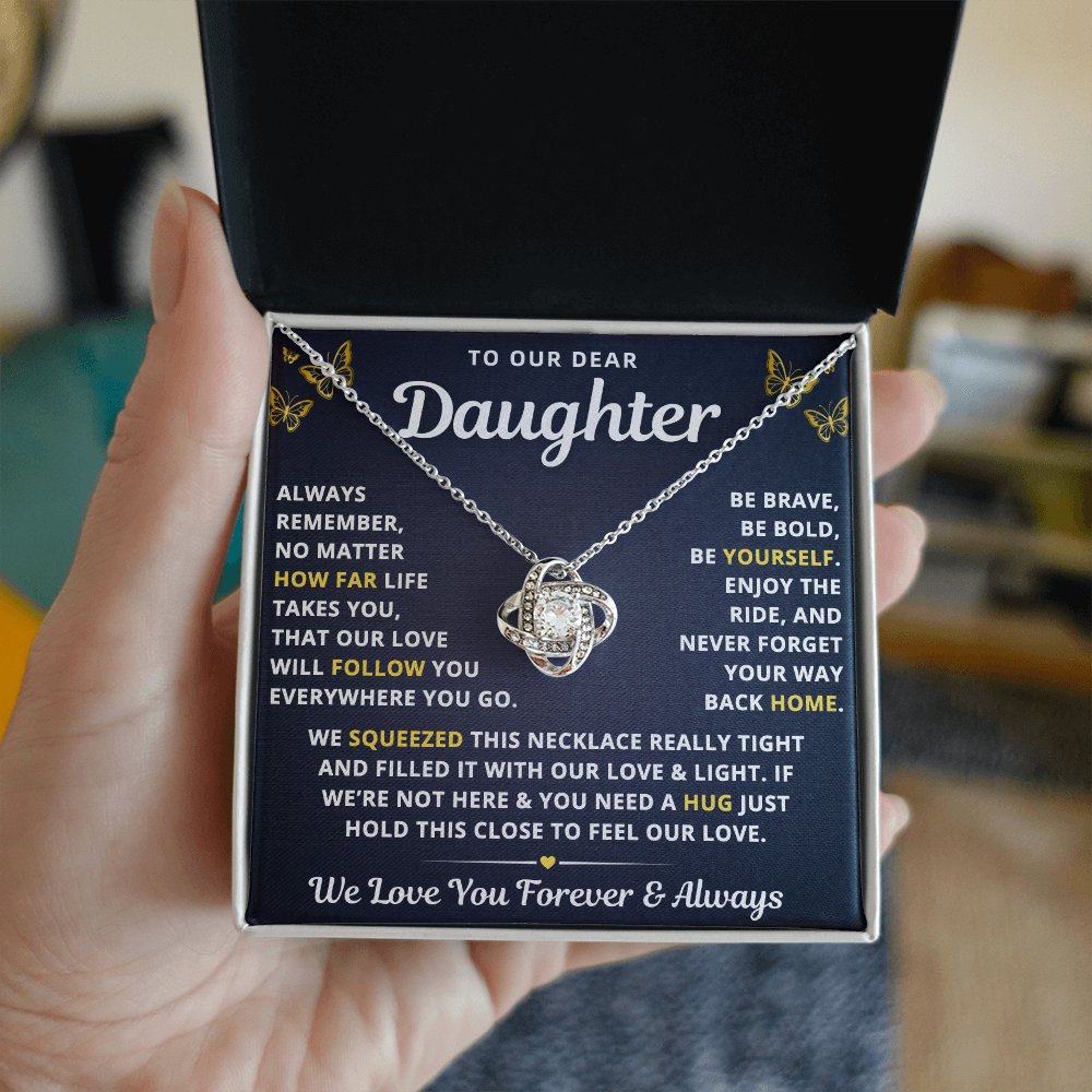 To Our Daughter Necklace From Mom & Dad – Our Love Will Follow You – Hold This Close