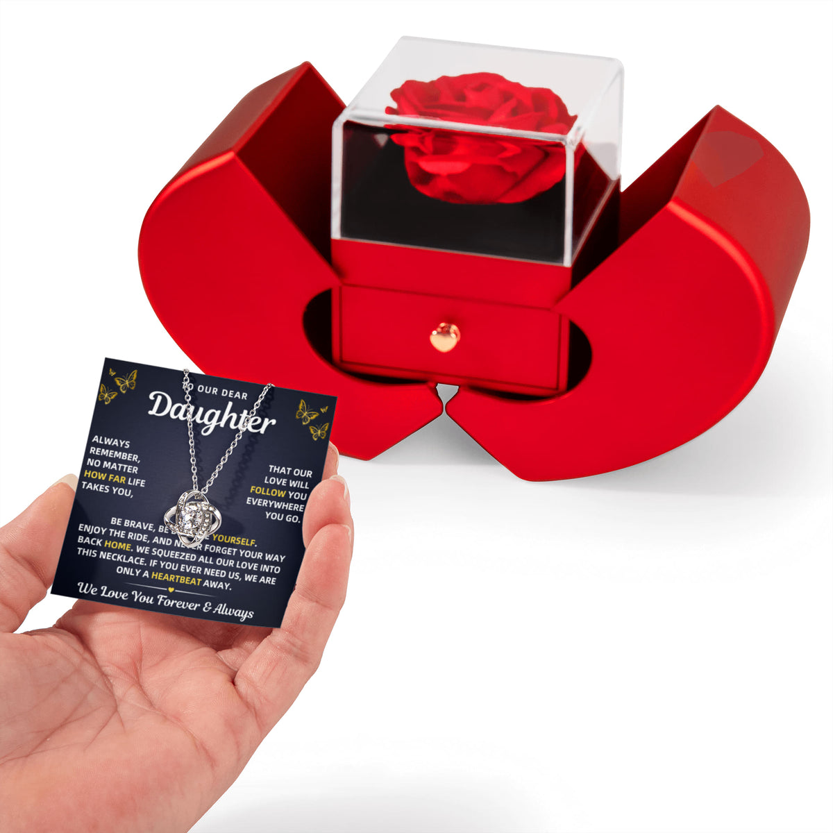 To Our Daughter Necklace From Mom & Dad – Our Love Will Follow You - Red Heart Red Rose Box