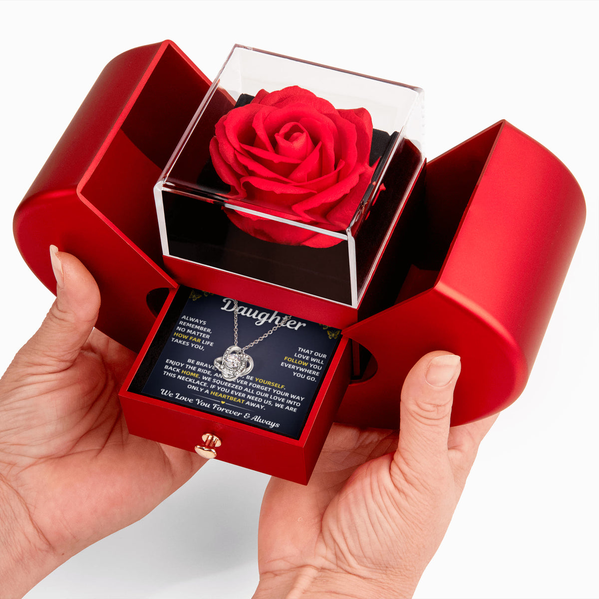 To Our Daughter Necklace From Mom & Dad – Our Love Will Follow You - Red Heart Red Rose Box