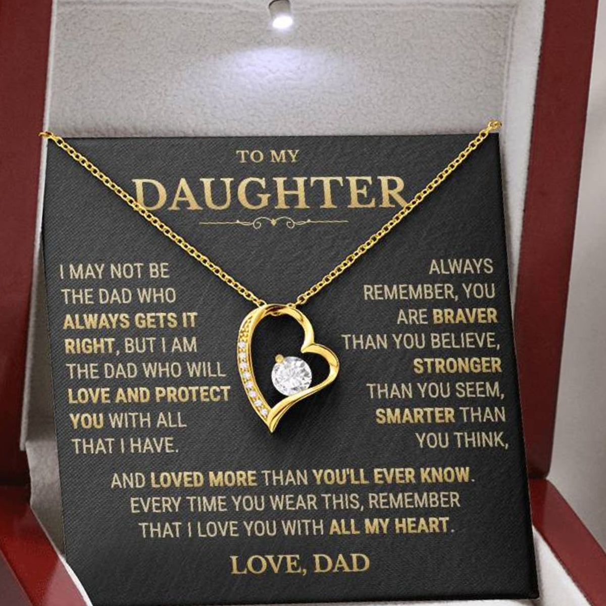 To My Daughter necklace from Dad, 18k yellow gold finish in luxury LED box