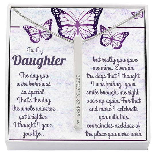Daughter Coordinates Vertical Bar Necklace - The Day You Were Born Was So Special